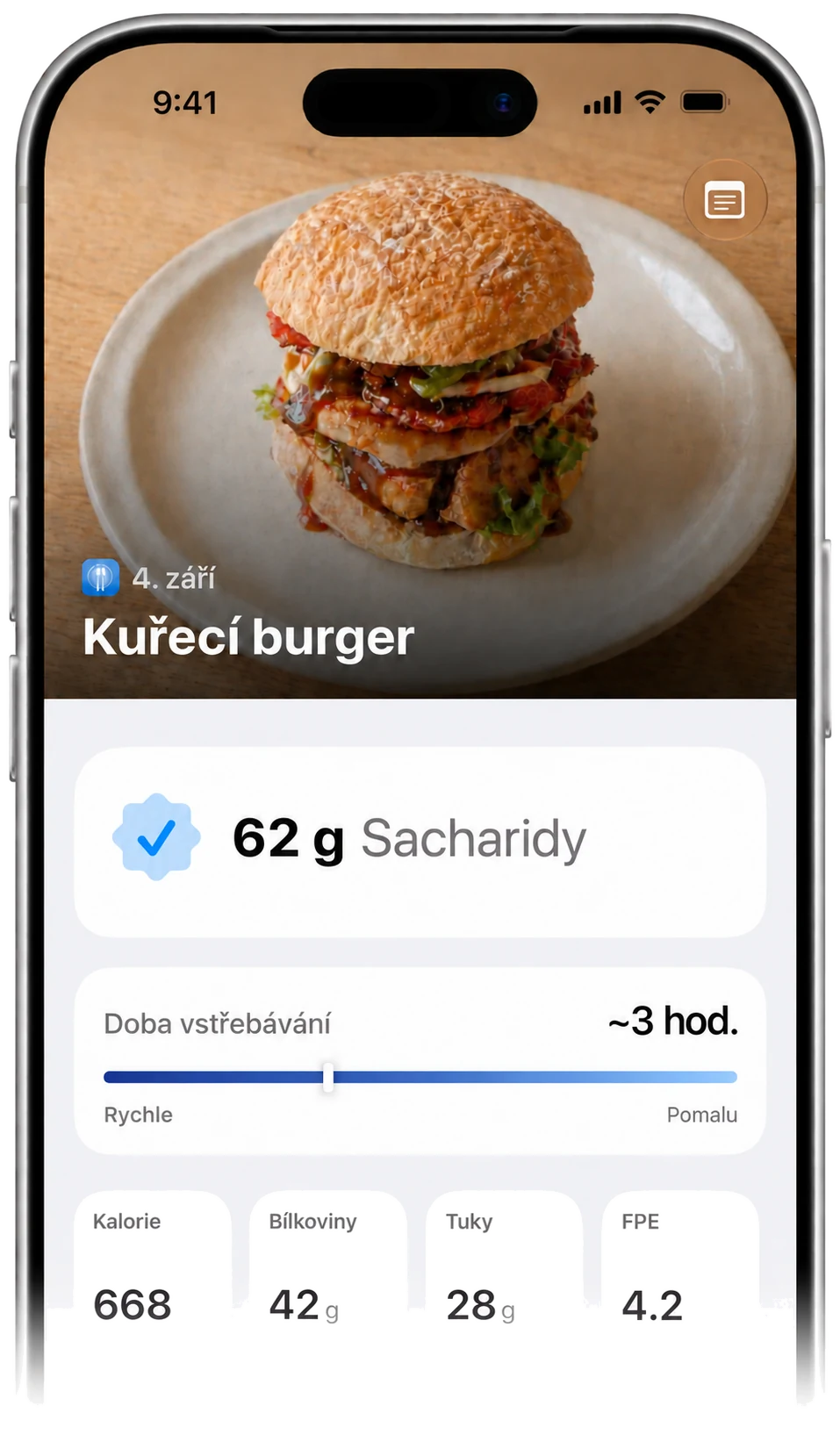 Výsledek Carbetic: kuřecí burger s 62 g sacharidů, doba vstřebávání asi 3 hodiny