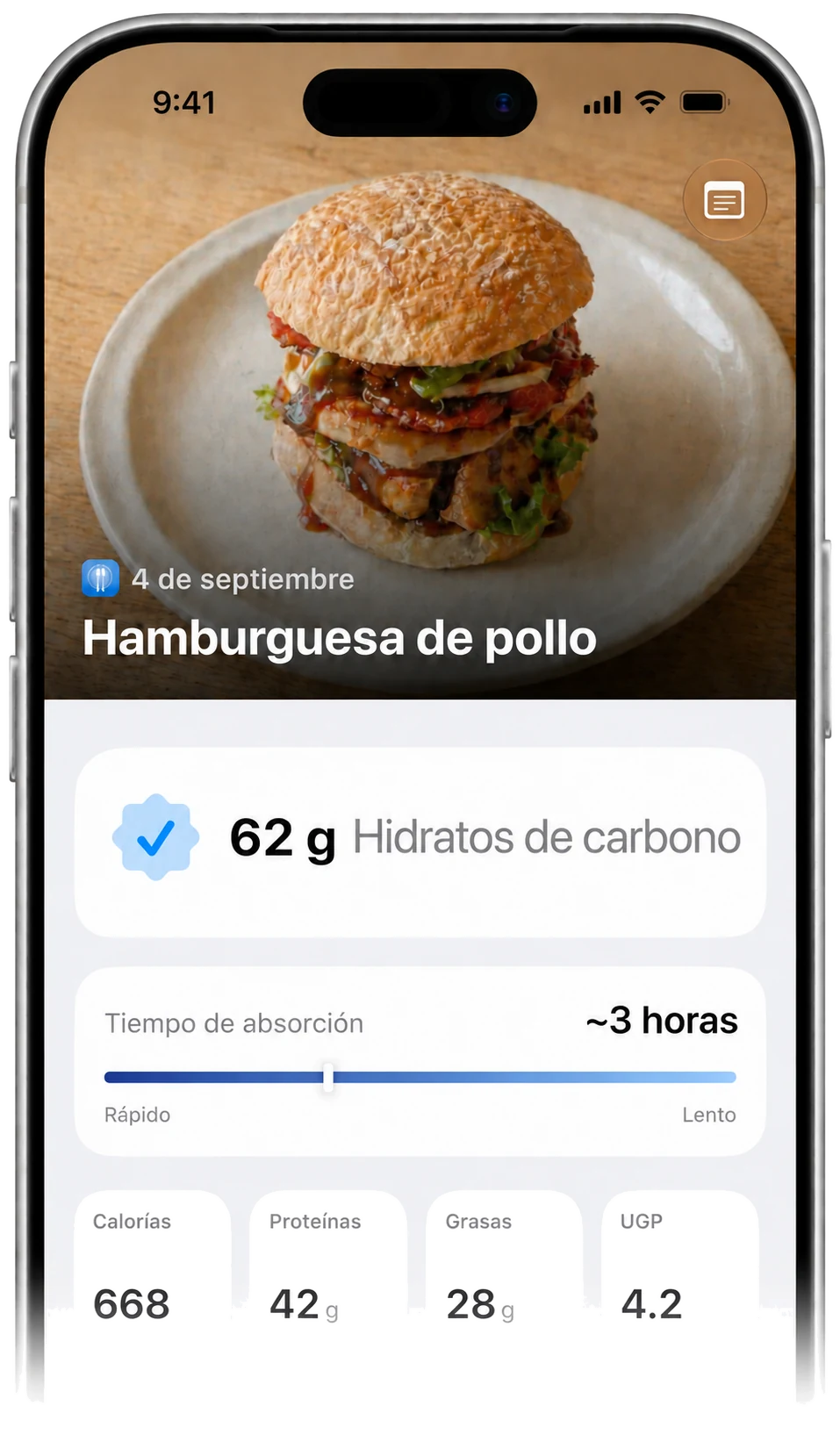 Resultado de Carbetic: hamburguesa de pollo con 62 g de hidratos, tiempo de absorción de unas 3 horas