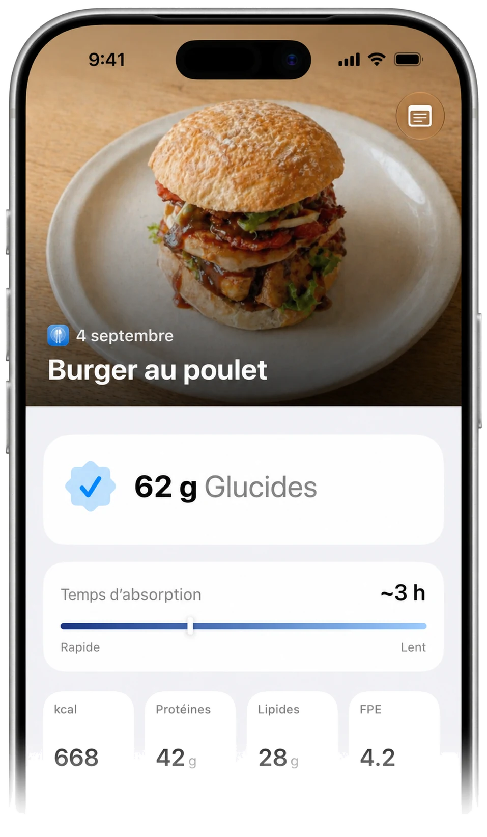 Résultat Carbetic : burger au poulet avec 62 g de glucides, temps d’absorption d’environ 3 heures
