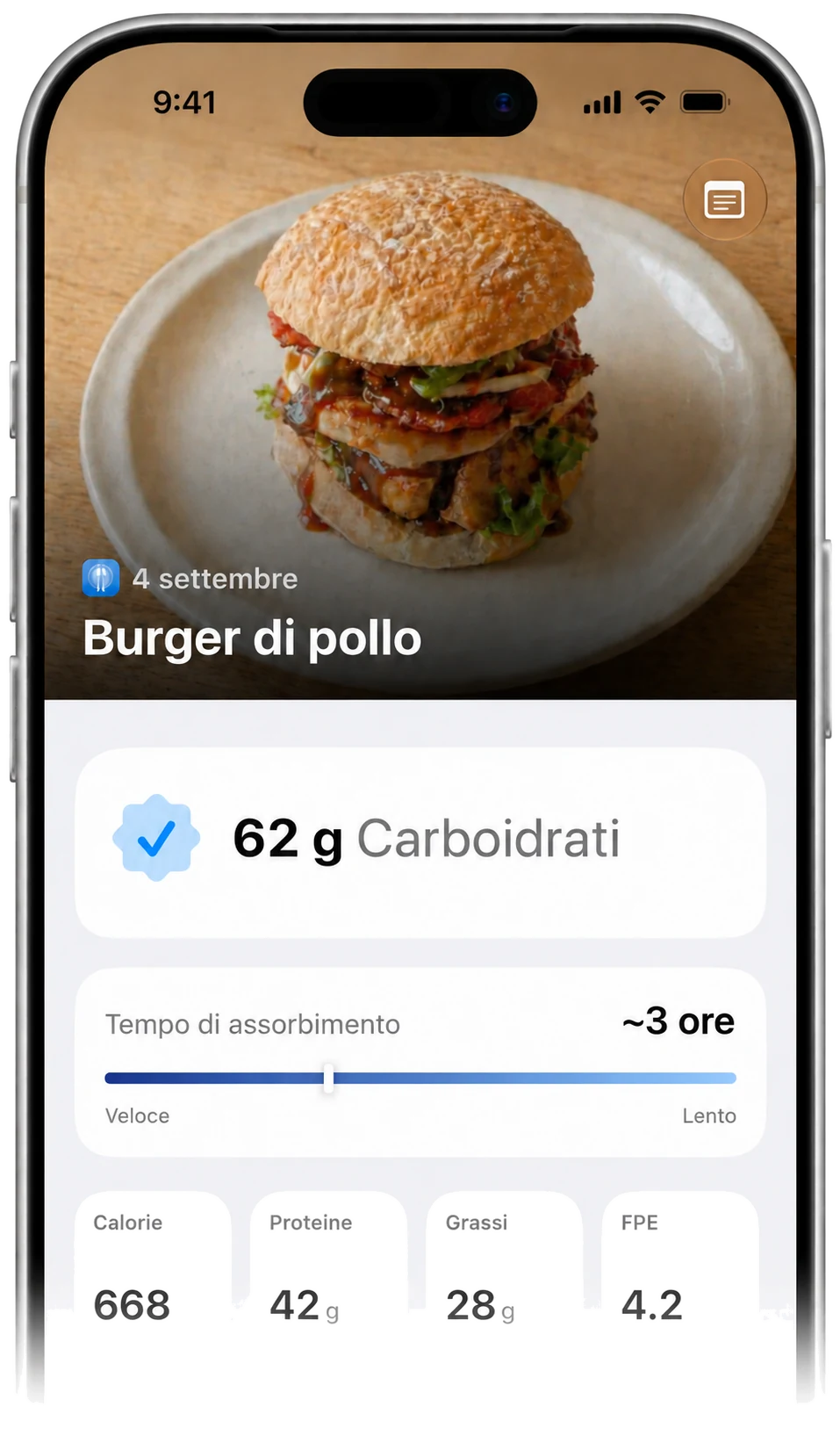 Risultato Carbetic: burger di pollo con 62 g di carboidrati, tempo di assorbimento di circa 3 ore