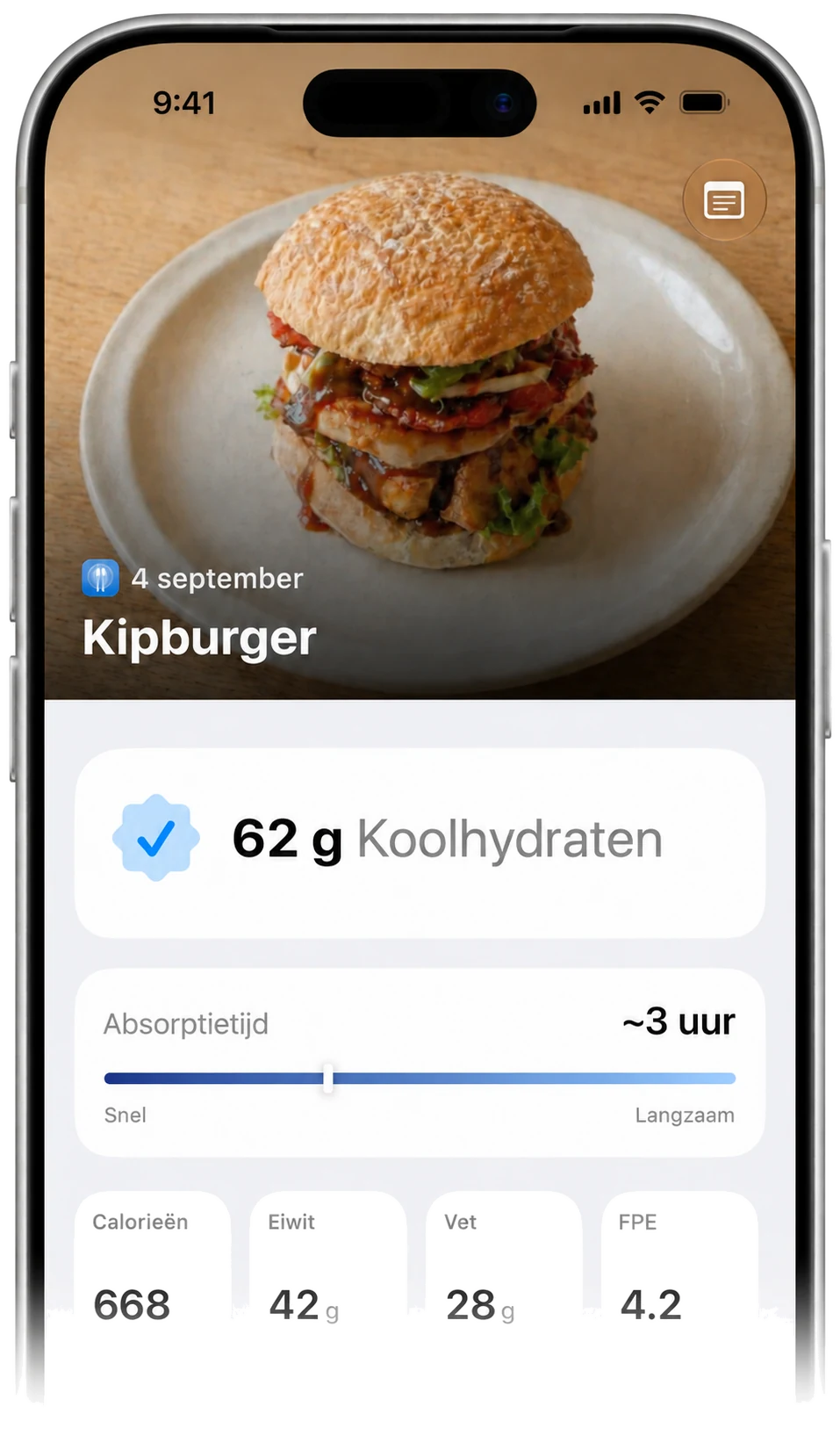 Carbetic-resultaat: kipburger met 62 g koolhydraten, opnametijd ongeveer 3 uur