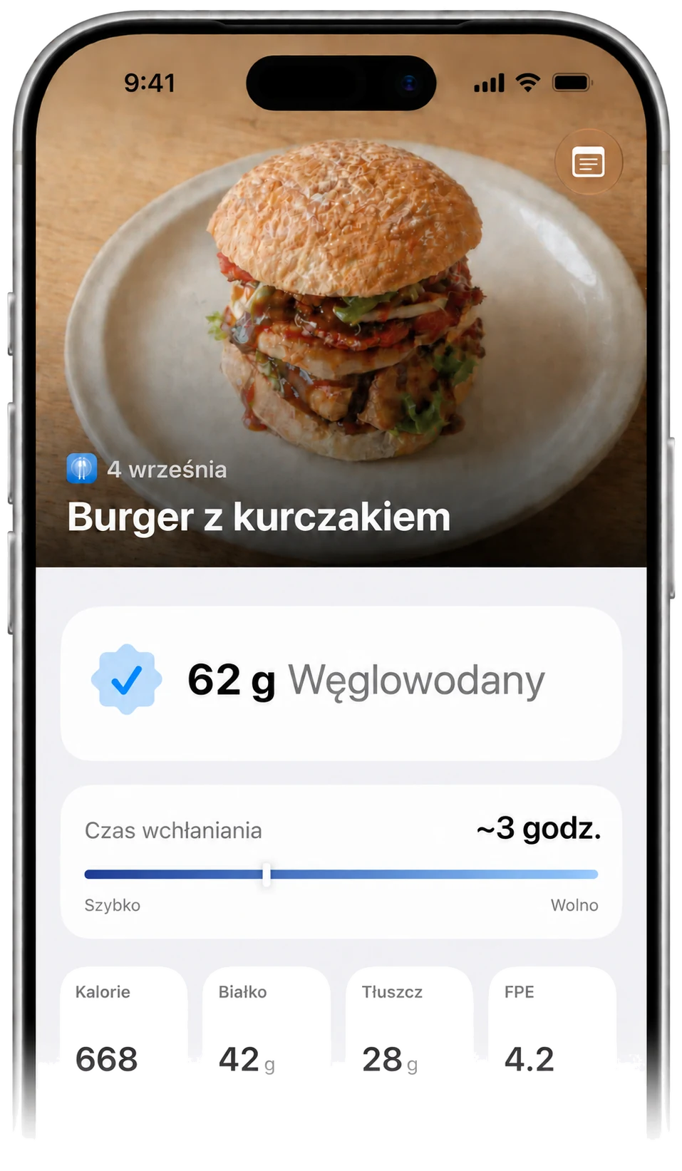 Wynik Carbetic: burger z kurczakiem, 62 g węglowodanów, czas wchłaniania około 3 godzin