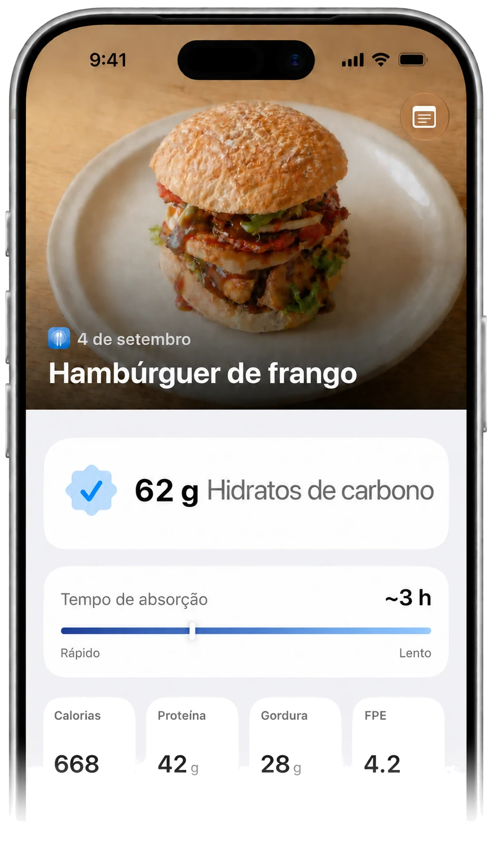 Resultado do Carbetic: hambúrguer de frango com 62 g de carboidratos, tempo de absorção de cerca de 3 horas