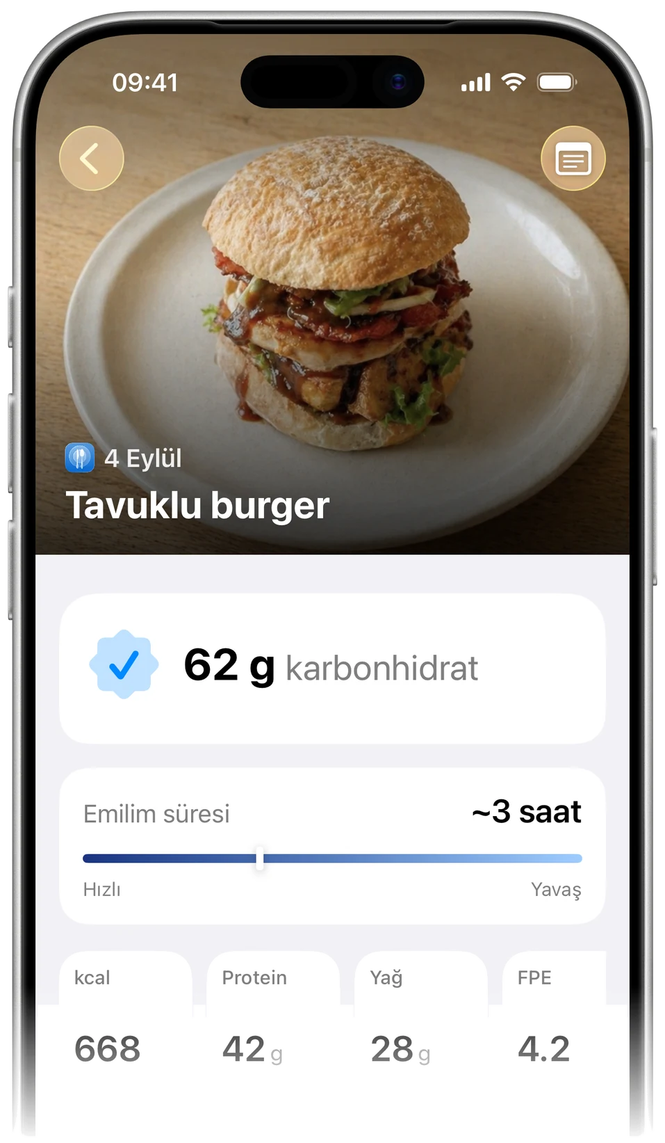 Carbetic sonucu: tavuklu burger, 62 g karbonhidrat, emilim süresi yaklaşık 3 saat
