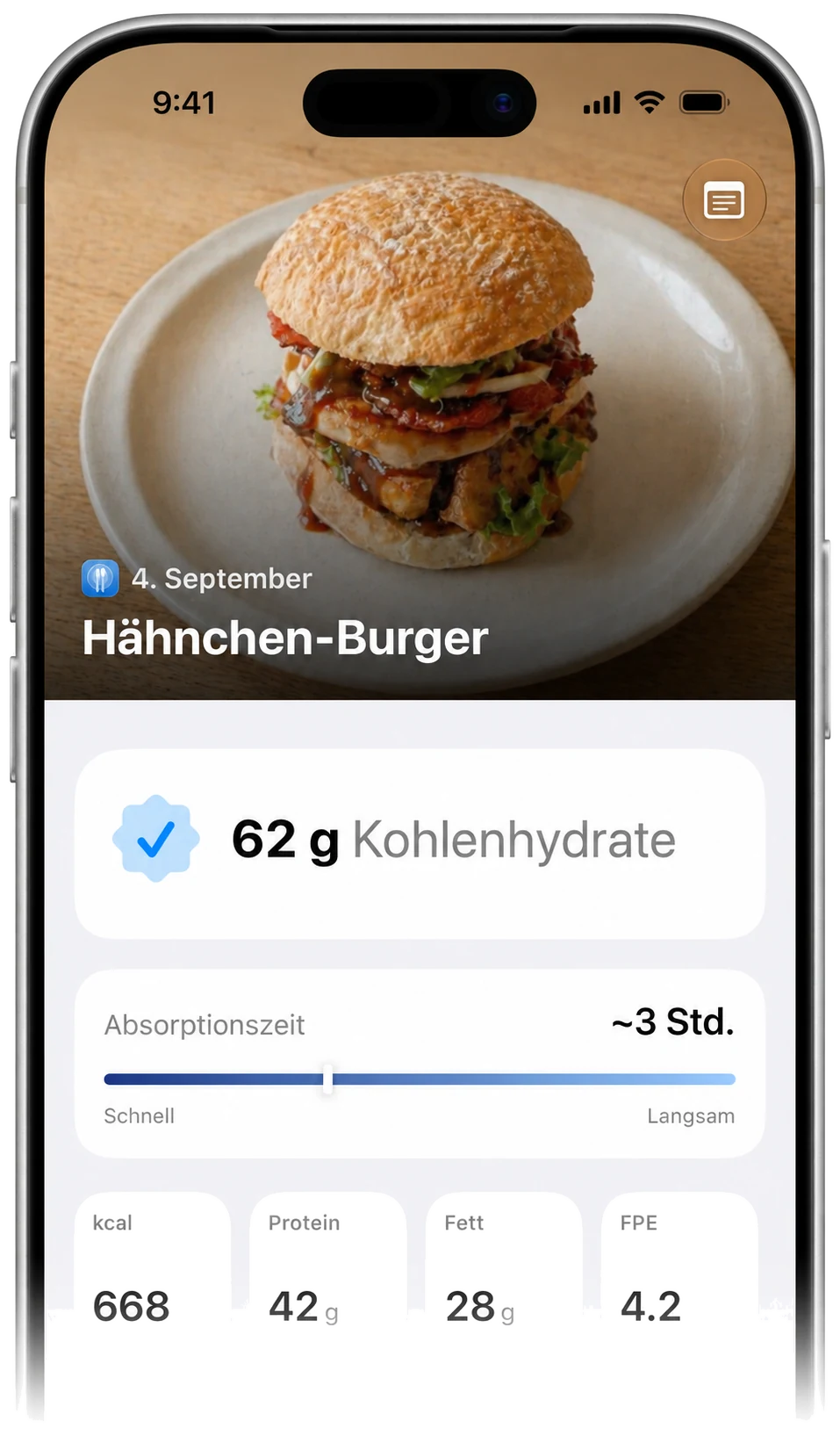 Carbetic-Ergebnis: Hähnchen-Burger mit 62 g Kohlenhydraten, Absorptionszeit rund 3 Stunden, 668 kcal, 42 g Protein, 28 g Fett, FPE 4,2